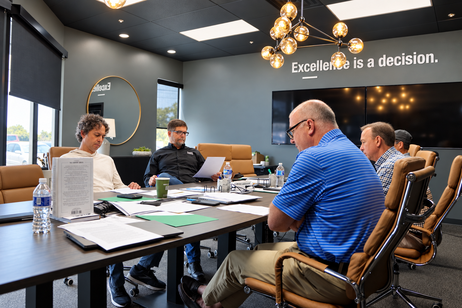 TeamStrength members preparing and reviewing materials around the meeting table